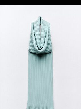 Zara Ribbed Cowl-Neck Midi Dress in Light Aqua